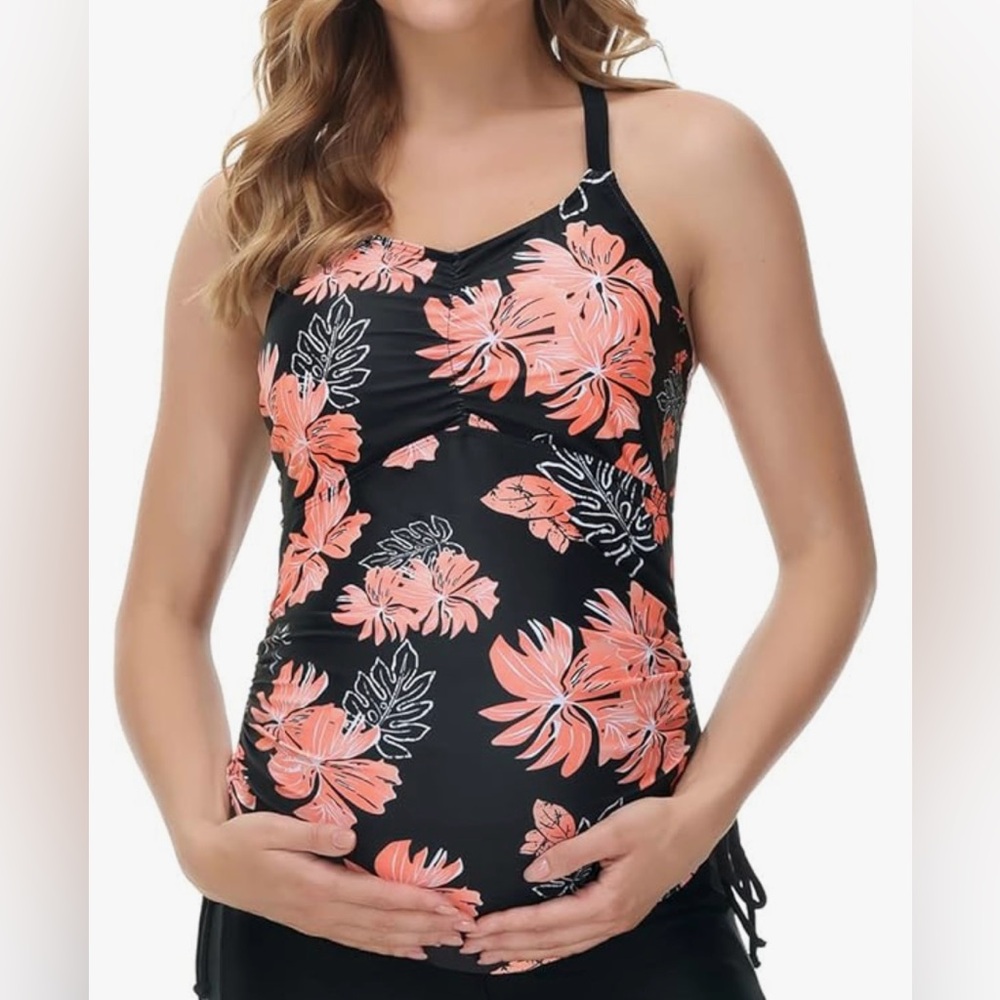 Maacie, Maternity, Athletic Tankini Floral Print Swim Ruched Top - NWT